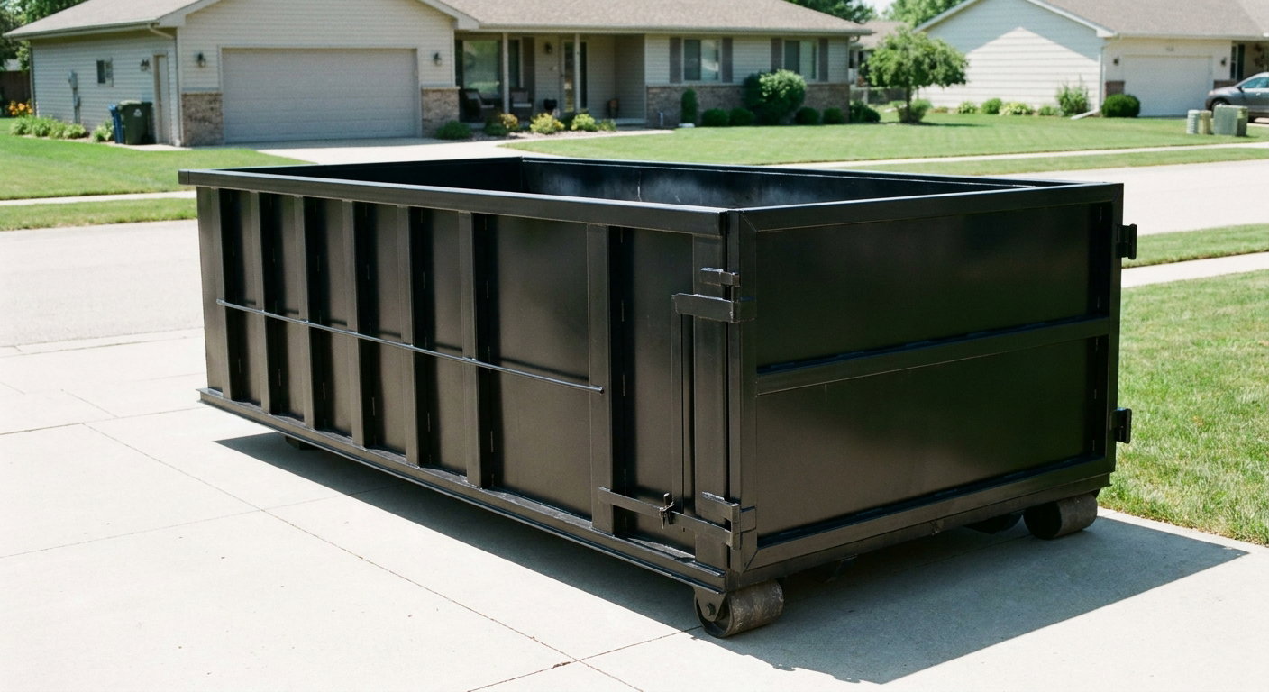 Matte-black 10-yard roll-off dumpster on a residential concrete driveway in Miami Gardens, uniformly painted matte black across every panel and rail, ribbed steel sidewalls and rear swing door visible, mid-day daylight.