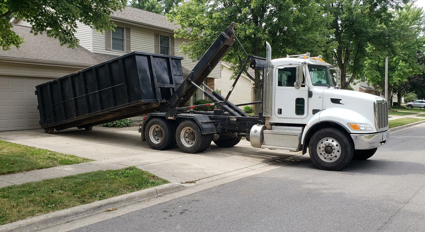 White-cab hooklift roll-off truck actively lowering a matte-black dumpster onto a Miami Gardens residential concrete driveway, the dumpster's rear wheels touching the driveway as the hoist arm tilts the bed forward, mid-morning daylight.