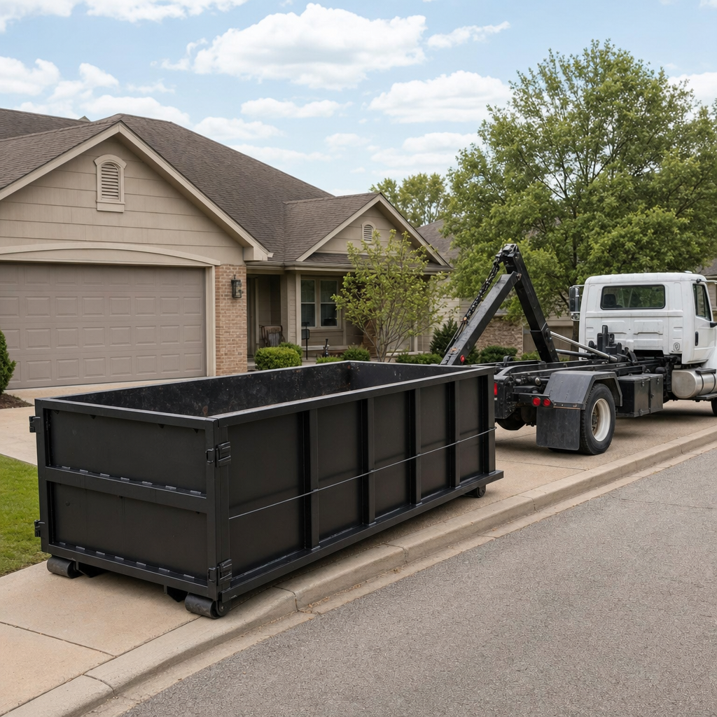 Wide documentary shot of a matte-black roll-off dumpster on a Miami Gardens residential driveway in the foreground and a contractor jobsite container in the soft-focus background, bright daylight, calm and orderly composition.