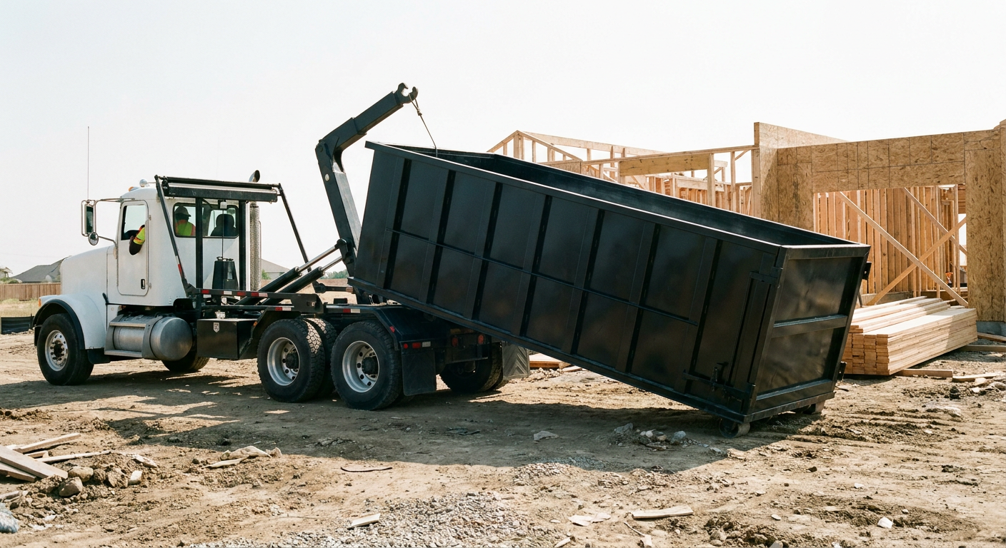 Matte-black roll-off dumpster being delivered onto a clean residential concrete driveway in Miami Gardens by an unmarked white hooklift hauler truck, bright morning daylight, documentary 35mm perspective.
